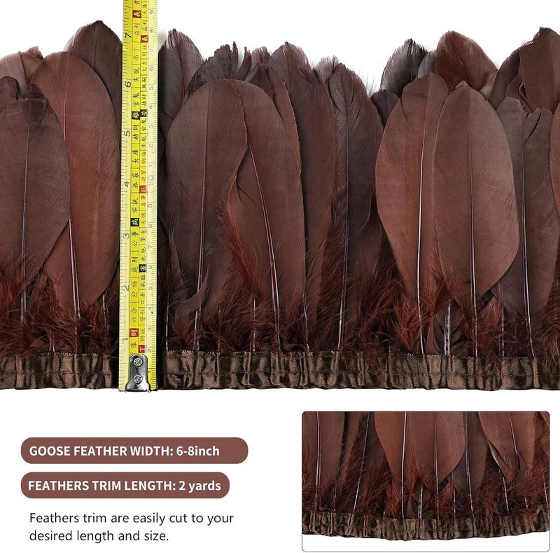 MAOFENG 2 Yards Natural Goose Feathers Trim Sewing Fringe Fashion Dress Sewing 6-8inch for DIY Handicrafts Costumes Decoration,Coffee - Image 2
